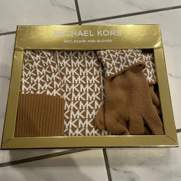 Michael Kors Tan and White Hat, Scarf, and Gloves Set - Picture 1 of 1